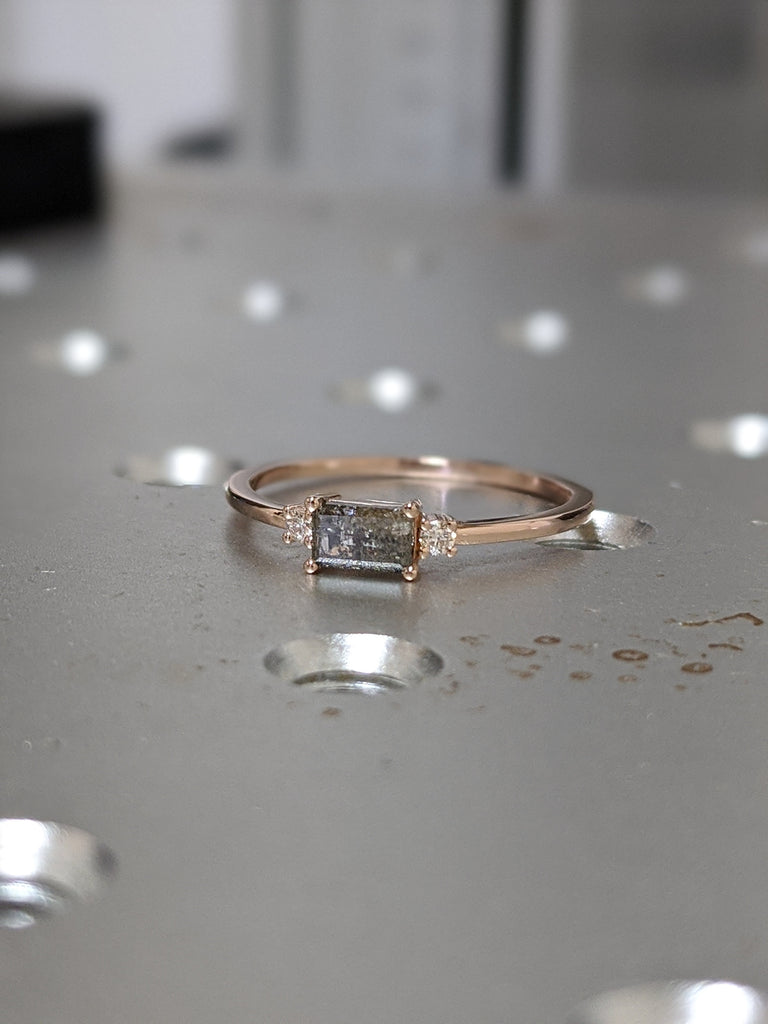 Rose Gold Emerald Baguette Raw Salt and Pepper Diamond Gold Engagement Ring Art Deco 1920s Inspired Thin Petite Band 14k Unique Ring for Her