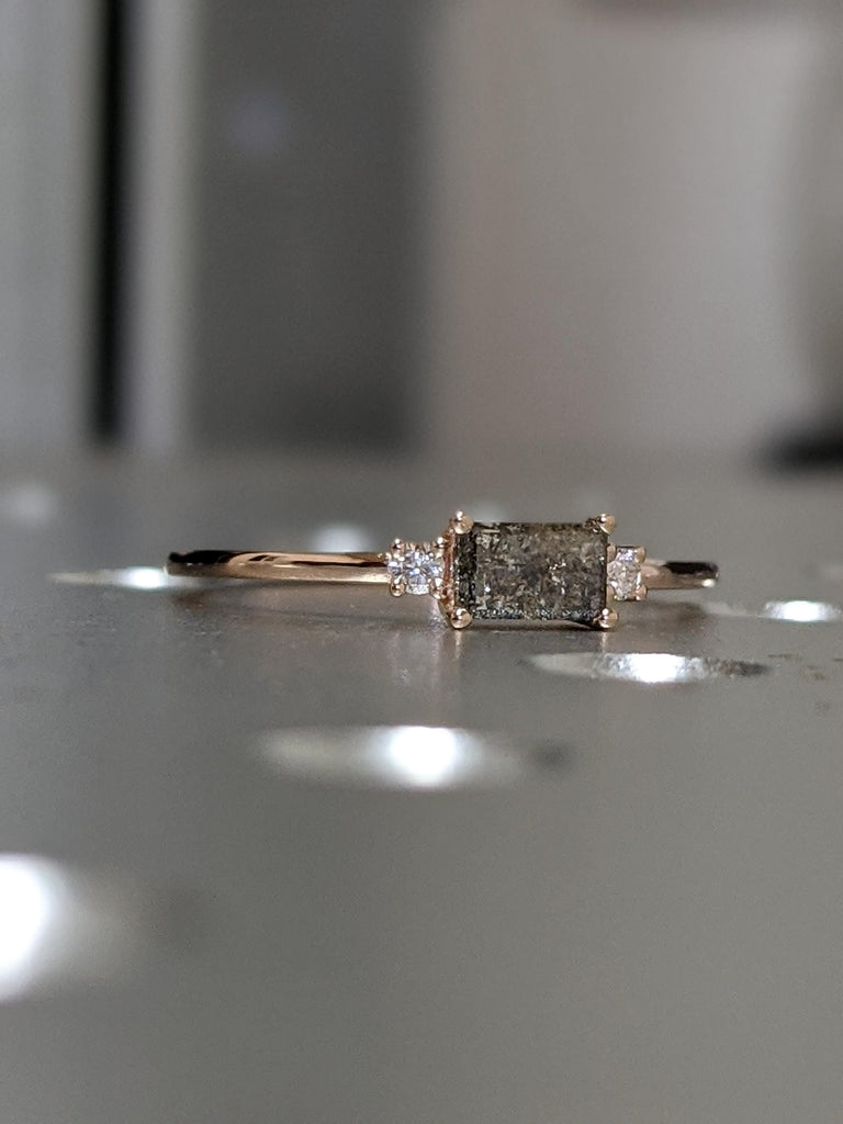 Delicate Emerald Baguette Raw Salt and Pepper Diamond Gold Engagement Ring Art Deco 1920's Inspired Thin Petite Band 14k Unique Ring for Her
