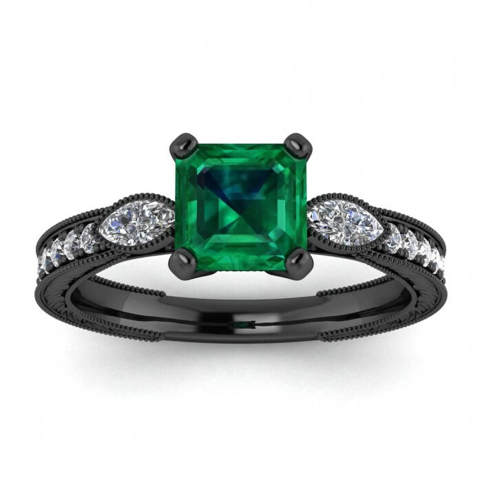 White Gold Vintage Marquise Accents Asscher Cut Emerald And Diamond Ring (1/3 Ct. Tw.) Marquise Accent Gems Wheat Hand Engraving Allegria