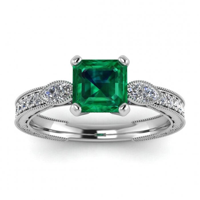 White Gold Vintage Marquise Accents Asscher Cut Emerald And Diamond Ring (1/3 Ct. Tw.) Marquise Accent Gems Wheat Hand Engraving Allegria