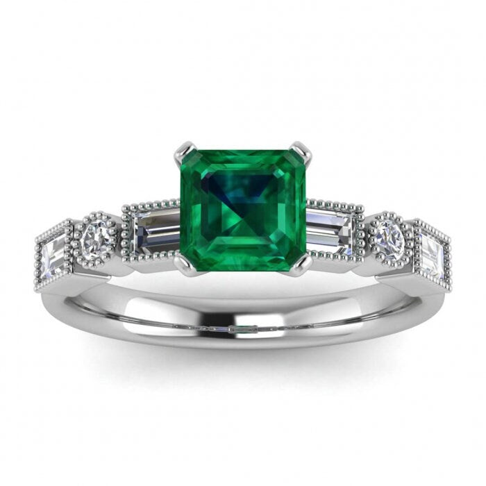 White Gold Asscher Cut Emerald And Diamond Baguette Ring (3/5 Ct. Tw.) Round And Baguette Gems Beaded Milgrain High Profile Setting Amara