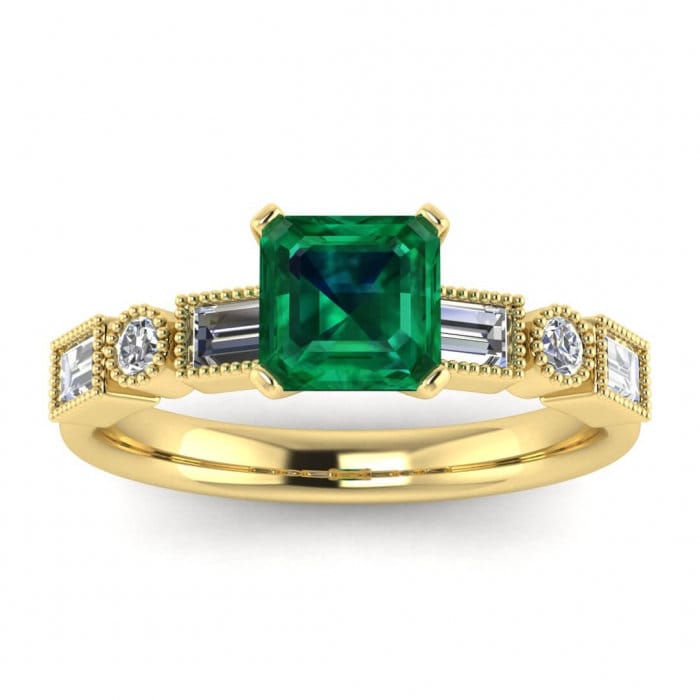 White Gold Asscher Cut Emerald And Diamond Baguette Ring (3/5 Ct. Tw.) Round And Baguette Gems Beaded Milgrain High Profile Setting Amara