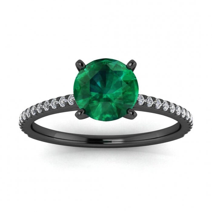 White Gold Micro Pave Emerald And Diamond Engagement Ring (1/6 Ct. Tw.) Micro Pave Accents Prongs Setting Center Gemstone Anahi