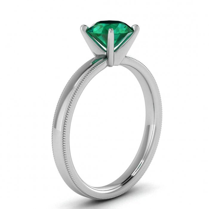 White Gold Emerald Milgrained Engagement Ring Stepped Band Milgrained High Profile Prongs Aubrey