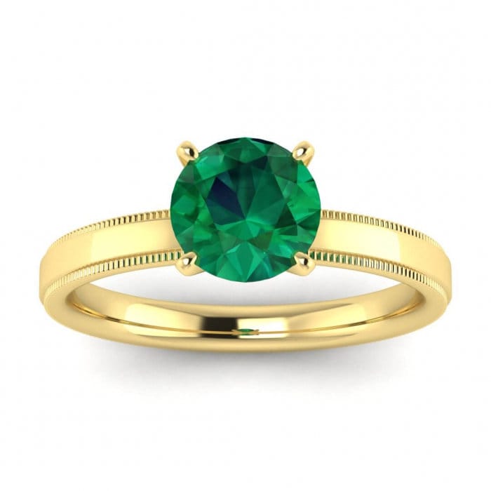 White Gold Emerald Milgrained Engagement Ring Stepped Band Milgrained High Profile Prongs Aubrey