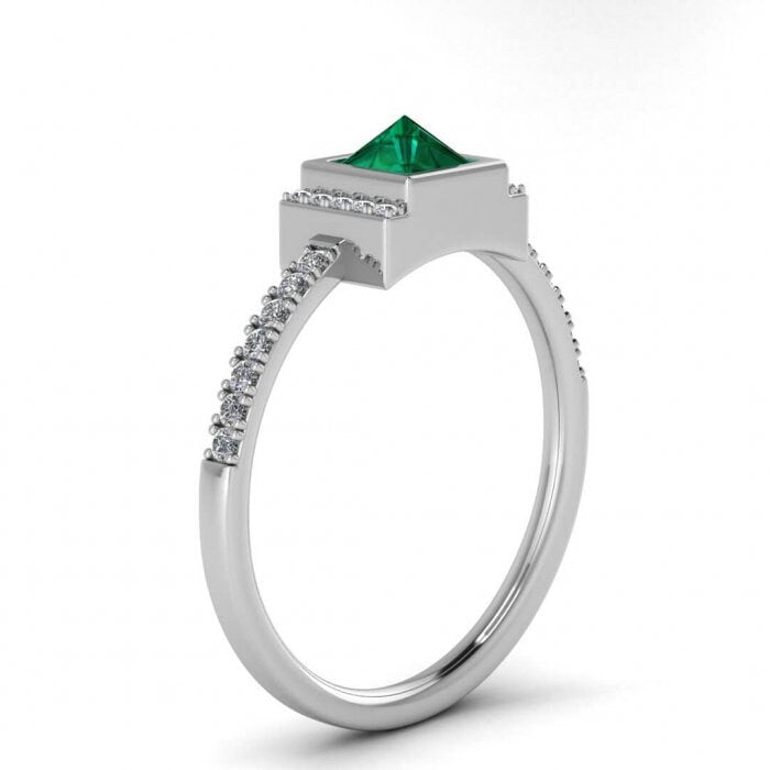 White Gold Upside Down Princess Cut Emerald And Diamond Ring (1/7 Ct. Tw.) High Profile Setting Split Shank Prong Setting Aurora