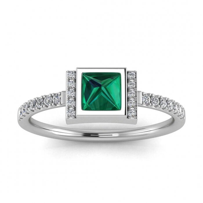 White Gold Upside Down Princess Cut Emerald And Diamond Ring (1/7 Ct. Tw.) High Profile Setting Split Shank Prong Setting Aurora