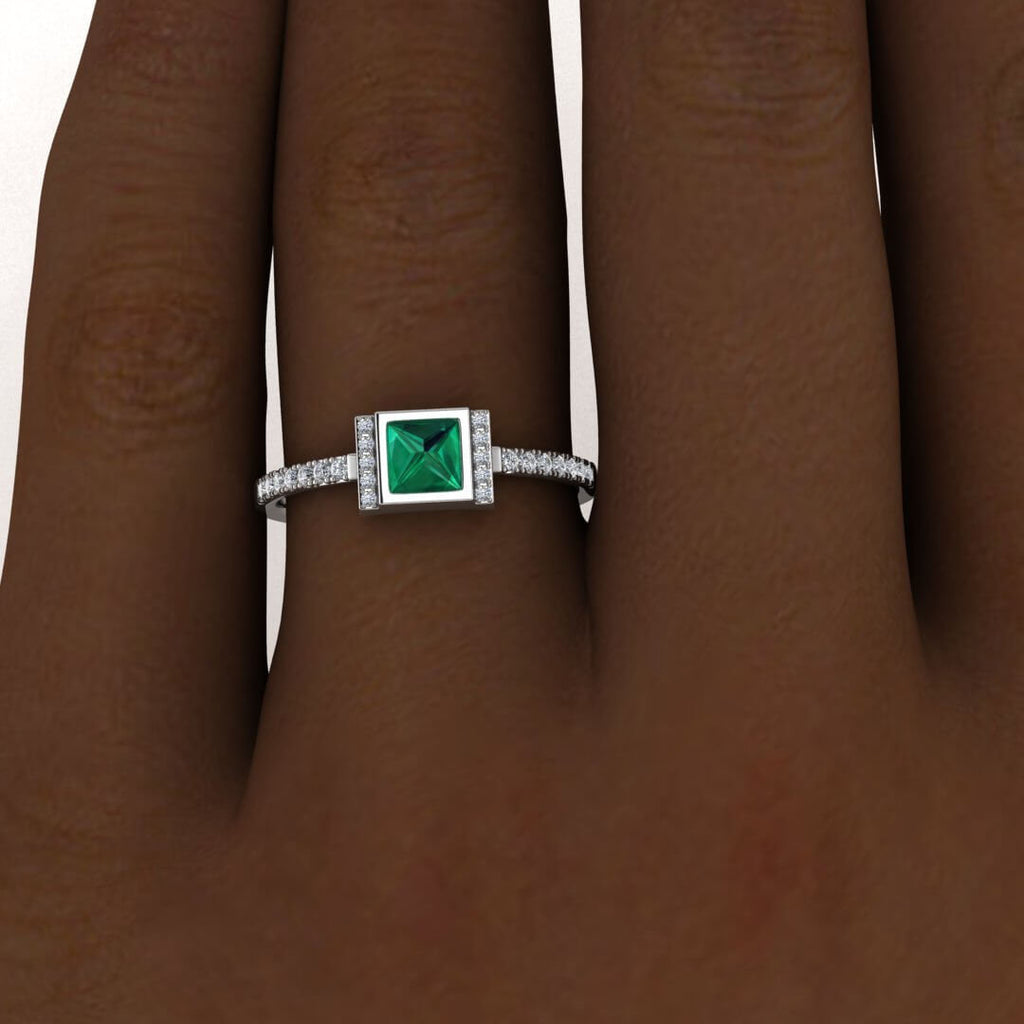 White Gold Upside Down Princess Cut Emerald And Diamond Ring (1/7 Ct. Tw.) High Profile Setting Split Shank Prong Setting Aurora