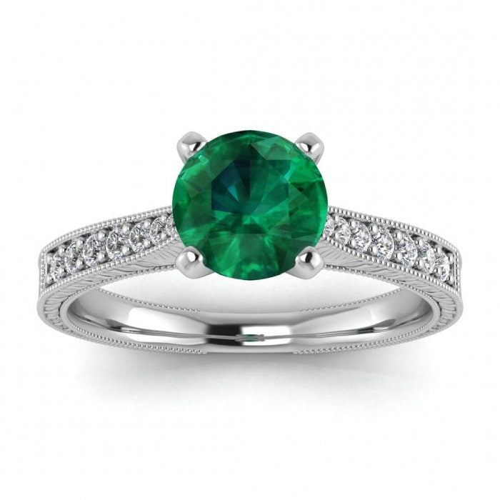 White Gold Hand Engraved Emerald And Diamond Ring (1/8 Ct. Tw.) High Profile Prongs Shared Prongs Pave Milgrain Hand Engraving Aya