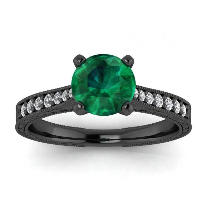 White Gold Hand Engraved Emerald And Diamond Ring (1/8 Ct. Tw.) High Profile Prongs Shared Prongs Pave Milgrain Hand Engraving Aya