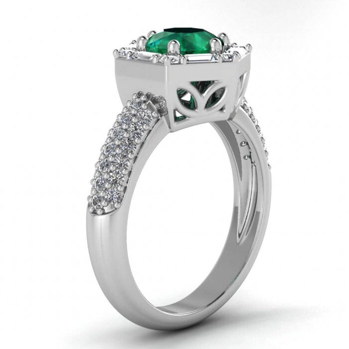 White Gold Vintage Emerald And Diamond Baguette Halo (2/3 Ct. Tw.) Aguette Accent Triple Row Pave Unique Halo Belen