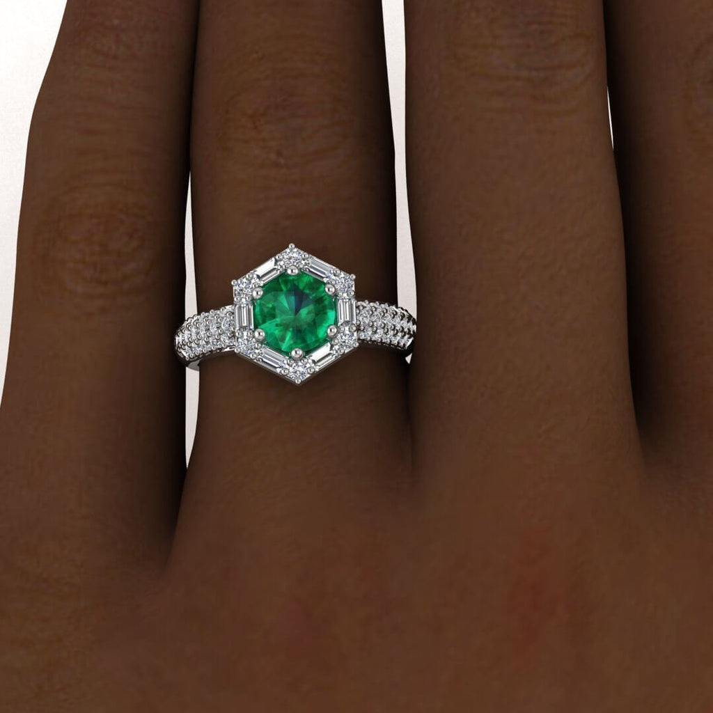 White Gold Vintage Emerald And Diamond Baguette Halo (2/3 Ct. Tw.) Aguette Accent Triple Row Pave Unique Halo Belen