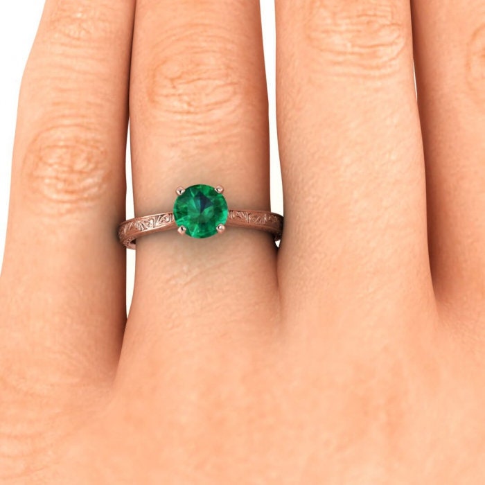 Rose Gold Everleigh Hand Engraved Emerald Ring Cathedral Setting High Profile Prongs Squared Hand Engraving