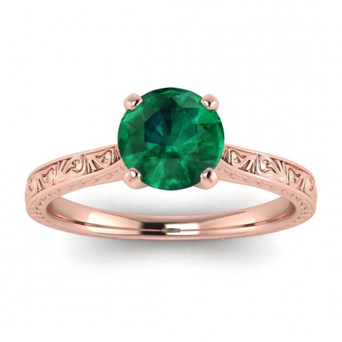 Rose Gold Everleigh Hand Engraved Emerald Ring Cathedral Setting High Profile Prongs Squared Hand Engraving