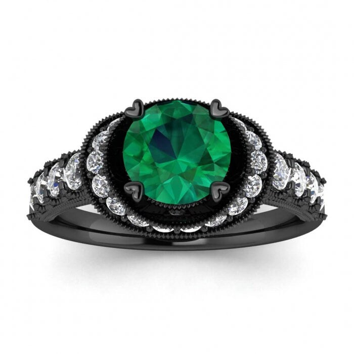 White Gold Emerald And Diamond Ring (3/5 Ct. Tw.) Gemstone Wrapped Gallery Halo Hearted Prongs Milgrains Gemstone Pave Setting Celeste