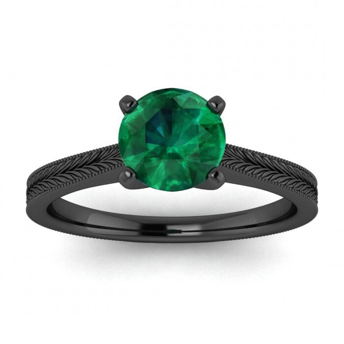 White Gold Milgrained Emerald Ring Cathedral High Profile Prongs Hand Engraving Milgrain Clio