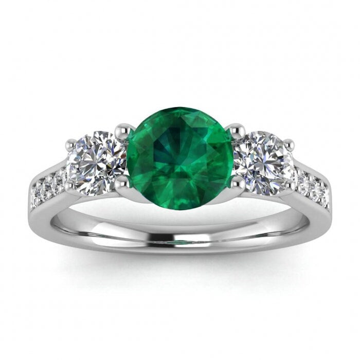 White Gold Paved 3 Emerald And Diamond Ring (3/5 Ct. Tw.) Basket Setting Prongs Setting Open Gallery Pave Side Dawn