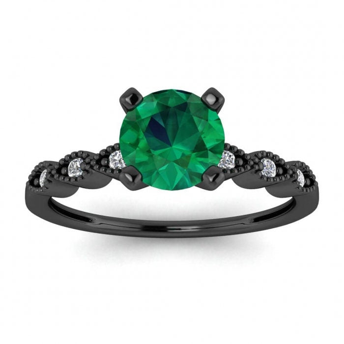 White Gold Dot Vintage Emerald And Diamond Engagement Ring Pear Shaped Milgrain Gem Accents Dotted Finish Delicate Prong Setting Thin Band