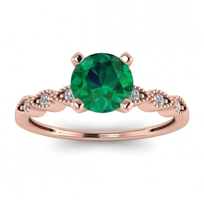 White Gold Dot Vintage Emerald And Diamond Engagement Ring Pear Shaped Milgrain Gem Accents Dotted Finish Delicate Prong Setting Thin Band