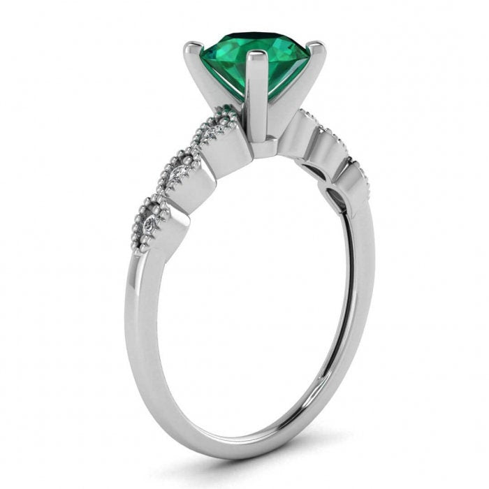 White Gold Dot Vintage Emerald And Diamond Engagement Ring Pear Shaped Milgrain Gem Accents Dotted Finish Delicate Prong Setting Thin Band