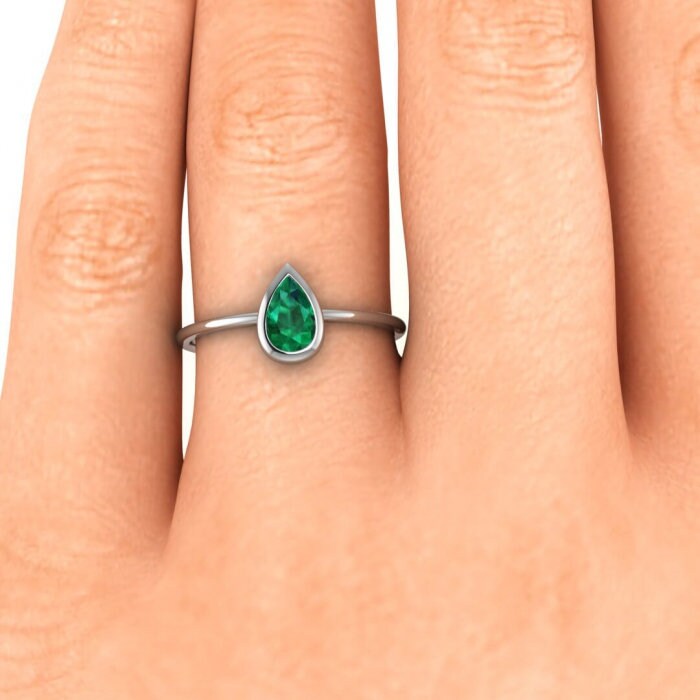 White Gold Drop Pear Shaped Emerald Engagement Ring Thin Band Pear Shaped Gemstone Bezel Setting Delicate Ring