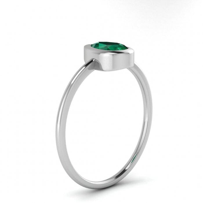 White Gold Drop Pear Shaped Emerald Engagement Ring Thin Band Pear Shaped Gemstone Bezel Setting Delicate Ring