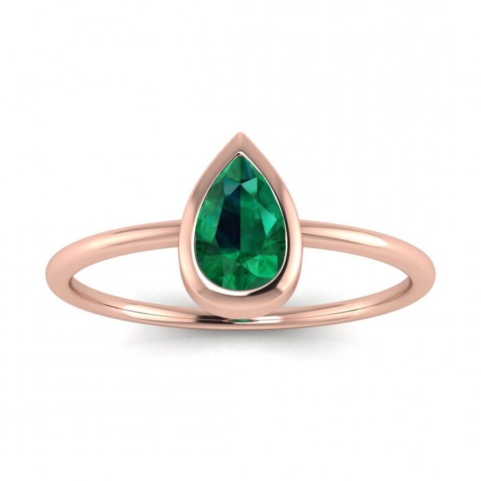 White Gold Drop Pear Shaped Emerald Engagement Ring Thin Band Pear Shaped Gemstone Bezel Setting Delicate Ring