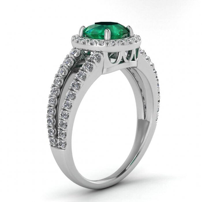 White Gold Unique Double Band Emerald And Diamond Halo (3/7 Ct. Tw.) Arched Gallery French Pave Halo Split Shank Pave Elara