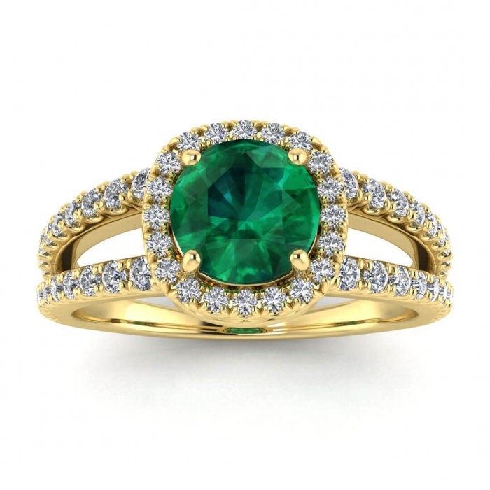 White Gold Unique Double Band Emerald And Diamond Halo (3/7 Ct. Tw.) Arched Gallery French Pave Halo Split Shank Pave Elara