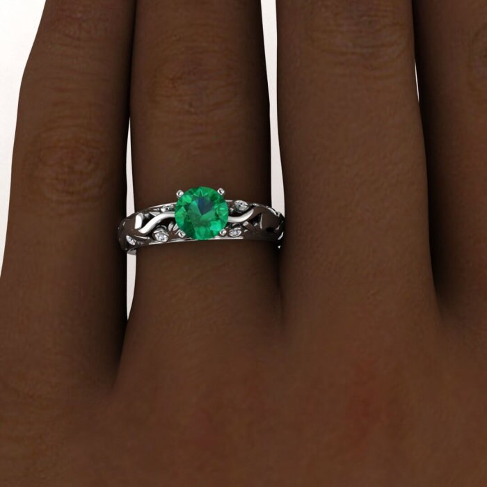 White Gold Unique Emerald And Diamond Engagement Ring (1/7 Ct. Tw.) Filigree Floral Band Bezel Set Accent Gems Hidden Gem Set Gallery Elodie