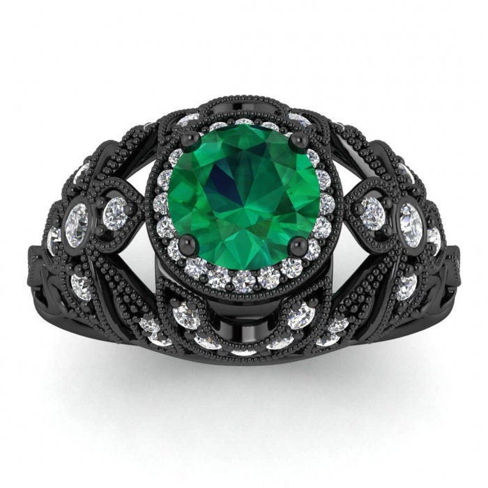 White Gold Halo Antique Emerald And Diamond Ring (2/5 Ct. Tw.) Edwardian Style Milgrain Filigree Halo Unique Gallery And Shoulders Domed Eva