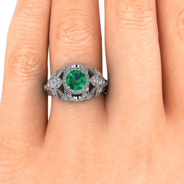 White Gold Halo Antique Emerald And Diamond Ring (2/5 Ct. Tw.) Edwardian Style Milgrain Filigree Halo Unique Gallery And Shoulders Domed Eva