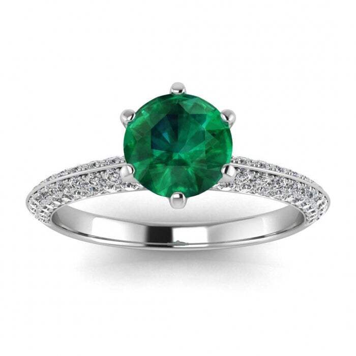 White Gold Emerald And Diamond Clustered Engagement Ring (1/2 Ct. Tw.) Double Paved Knife Edge Band Paved Prongs Gracia