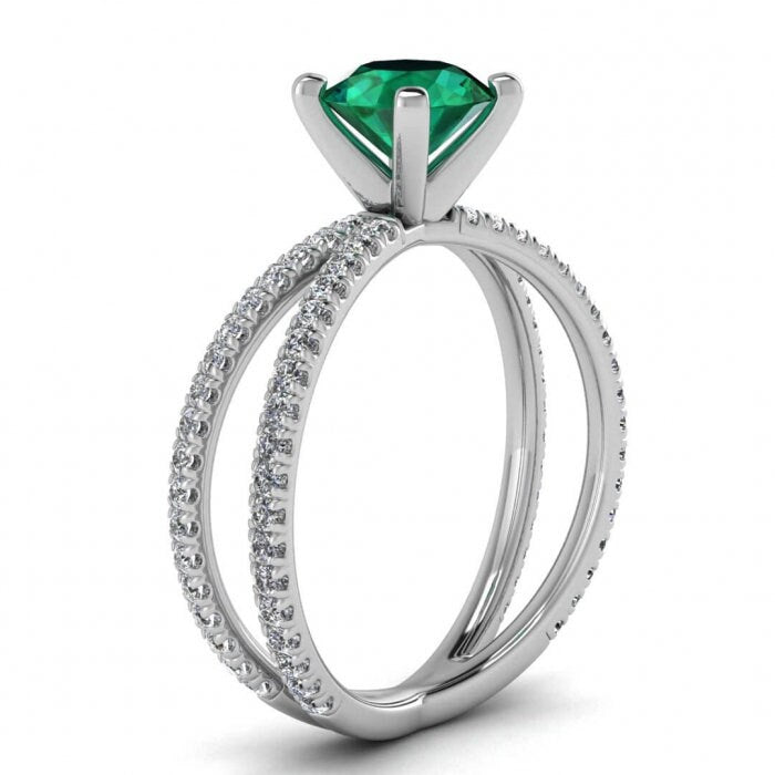 White Gold Double Pave Emerald And Diamond Engagement Ring (4/9 Ct. Tw.) Double Petite Pave Split Shank Band High Profile Prongs Harlow