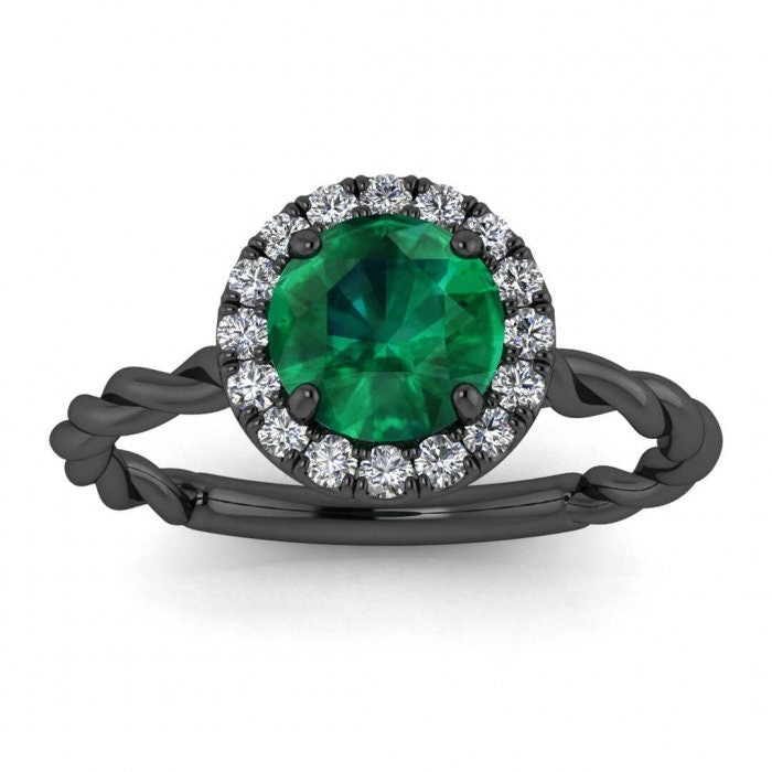 White Gold Delicate Band Emerald And Diamond Halo (1/5 Ct. Tw.) Braided Band Scalloped Pave Halo Bridged Gallery Honora