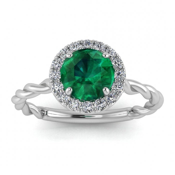 White Gold Delicate Band Emerald And Diamond Halo (1/5 Ct. Tw.) Braided Band Scalloped Pave Halo Bridged Gallery Honora