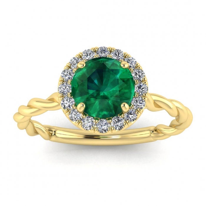 White Gold Delicate Band Emerald And Diamond Halo (1/5 Ct. Tw.) Braided Band Scalloped Pave Halo Bridged Gallery Honora