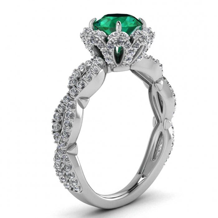 White Gold Halo Emerald And Diamond Ring (2/3 Ct. Tw.) Gemstone Gallery Scalloped Pave Infinity Shaped Band Tulip Gallery Iris