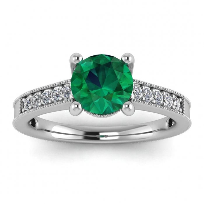 White Gold Shiny Milrgrain Emerald And Diamond Ring (1/8 Ct. Tw.) Milgrain Band Pave Gem Accents Unique Crown Gallery Prong Setting Isla