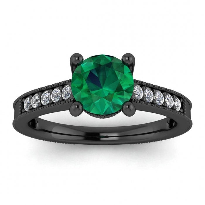 White Gold Shiny Milrgrain Emerald And Diamond Ring (1/8 Ct. Tw.) Milgrain Band Pave Gem Accents Unique Crown Gallery Prong Setting Isla