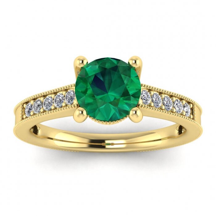 White Gold Shiny Milrgrain Emerald And Diamond Ring (1/8 Ct. Tw.) Milgrain Band Pave Gem Accents Unique Crown Gallery Prong Setting Isla