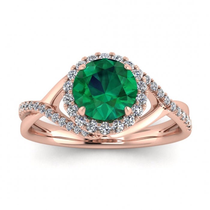 White Gold Twisted Halo Emerald And Diamond Engagement Ring (1/5 Ct. Tw.) Pave Set Accent Gemstone Halo Setting Entwined Open Gallery Joy