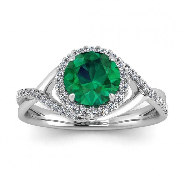 White Gold Twisted Halo Emerald And Diamond Engagement Ring (1/5 Ct. Tw.) Pave Set Accent Gemstone Halo Setting Entwined Open Gallery Joy