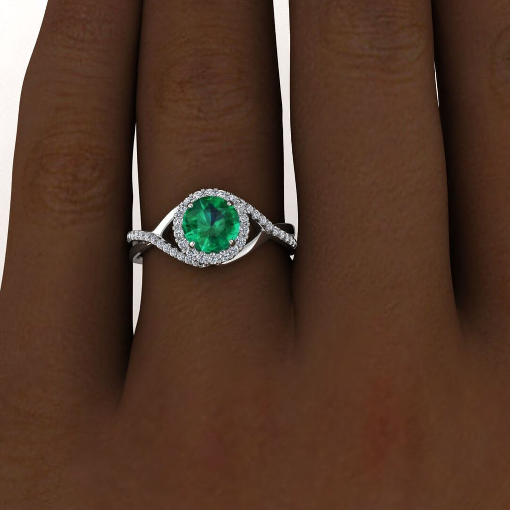 White Gold Twisted Halo Emerald And Diamond Engagement Ring (1/5 Ct. Tw.) Pave Set Accent Gemstone Halo Setting Entwined Open Gallery Joy