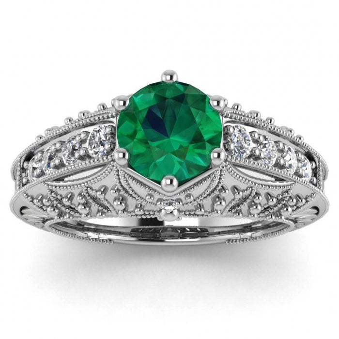 White Gold Art Deco Emerald And Diamond Ring (1/3 Ct. Tw.) Unique Art Deco Hand Engraved Band Filigree Gallery Milgrains Juliet