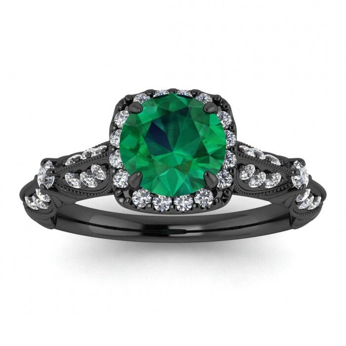 White Gold Edwardian Emerald And Diamond Ring (1/3 Ct. Tw.) Cushion Shaped Halo Gemstone Accented Band Floral Tulip Adorned Gallery Julius