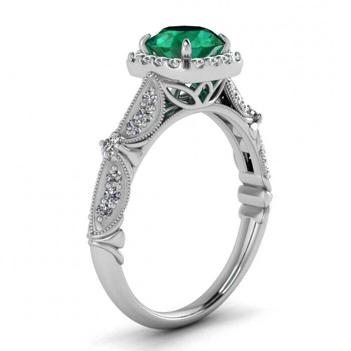 White Gold Edwardian Emerald And Diamond Ring (1/3 Ct. Tw.) Cushion Shaped Halo Gemstone Accented Band Floral Tulip Adorned Gallery Julius