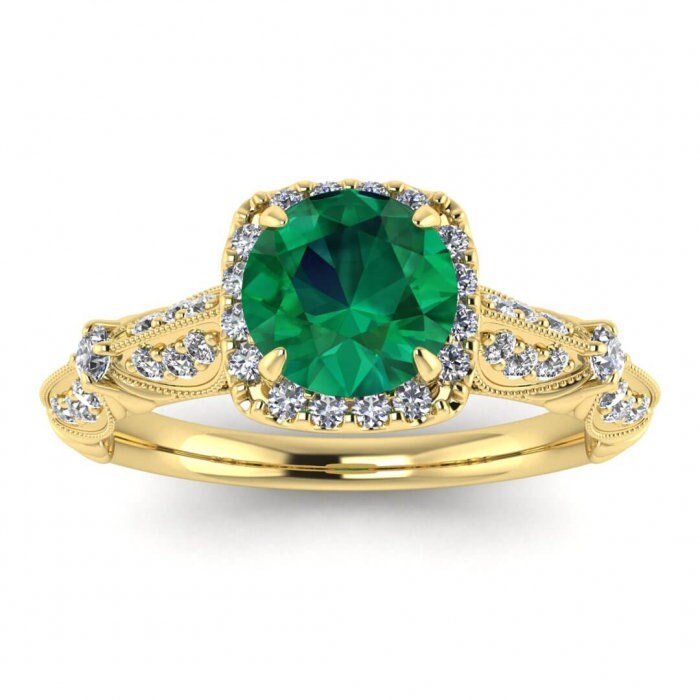 White Gold Edwardian Emerald And Diamond Ring (1/3 Ct. Tw.) Cushion Shaped Halo Gemstone Accented Band Floral Tulip Adorned Gallery Julius