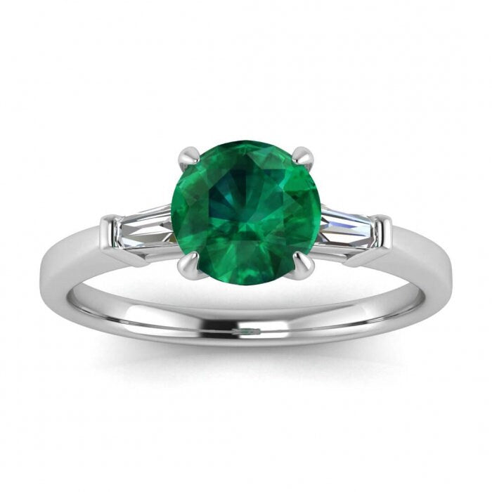 White Gold Emerald And Diamond Tapered Baguette Ring (1/5 Ct. Tw.) Tapered Baguette Tapered Band Bar Set Gemstone Claw Prongs Kara