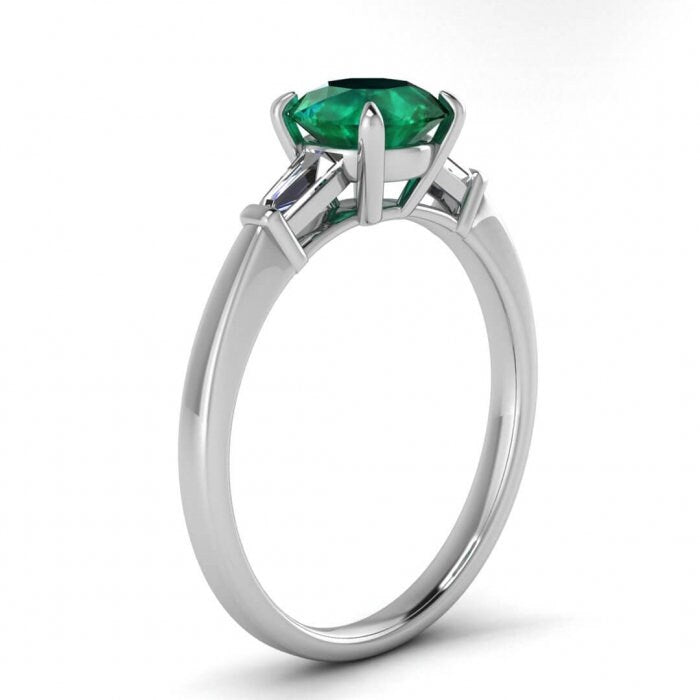 White Gold Emerald And Diamond Tapered Baguette Ring (1/5 Ct. Tw.) Tapered Baguette Tapered Band Bar Set Gemstone Claw Prongs Kara